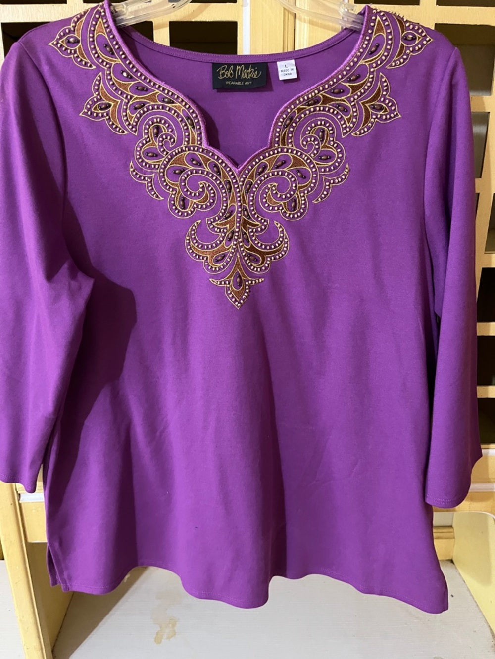 Bob Mackie Purple Top with Gold Embellished V-Neck